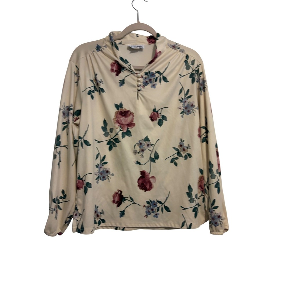 Anthony Richards Blouse Floral Rose Ivory Pearl Button Mock Neck Large‎